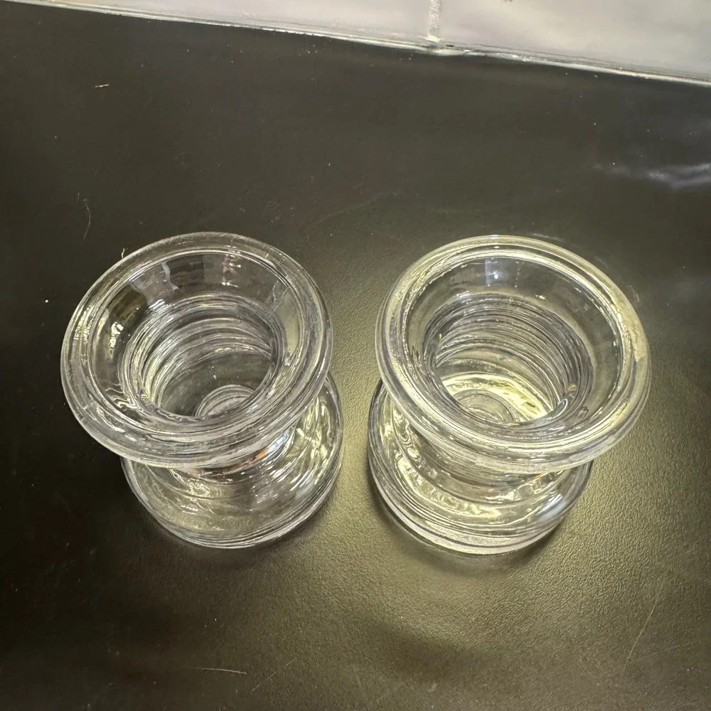 Hand Blown Glass Candle Holders Set of 2 Clear Heavy Ribbed Artisan 3.5in